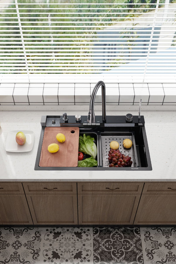 Gleton | Workstation Kitchen Sink Kit - Dual Waterfall Faucets, Digital Temperature Display & Ambient Lighting - GLS2408