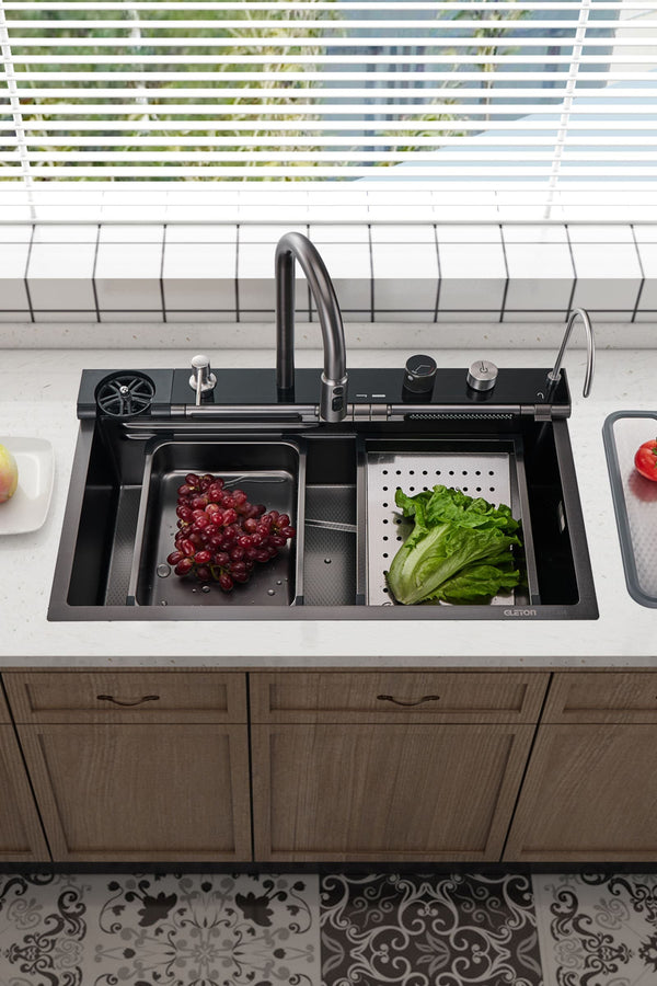 Gleton | Smar Workstation-Küchenspüle mit verstellbarem Wasserfall-Wasserhahn, digitaler Temperatur und Umgebungsbeleuchtung – GLS2409